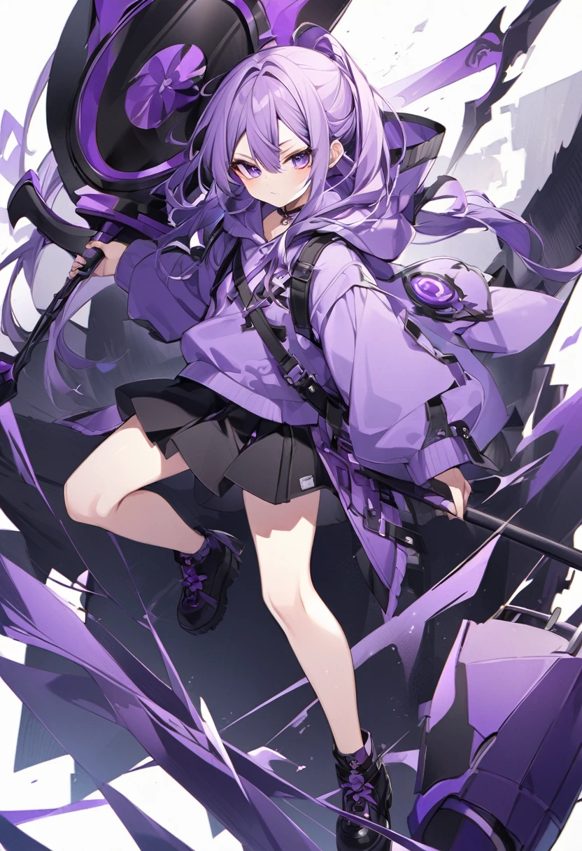 Keito。Purple Eyes。Purple Hair。Purple hoodie。Black Skirt。Black shoes下。Black shoes。Purple big axe。