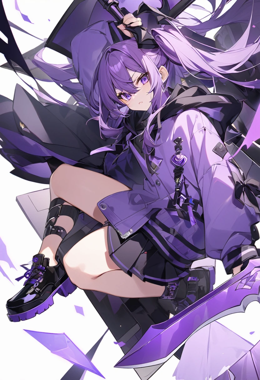 Keito。Purple Eyes。Purple Hair。Purple hoodie。Black Skirt。Black shoes下。Black shoes。Purple big axe。