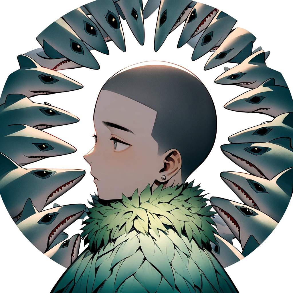 A young Asian man with black hair buzz cut short, dressed in a green fur coat and a simple white shirt. He wears a small earring on his left ear. The man's face is partially covered by a crown of light blue sharks and various sizes, arranged in a circle around his head. The background of the image is simple and clear, an infinite white background, highlighting the man and the sharks. Man's expression is neutral and contemplative. The image should convey a sense of introspection and surrealism.