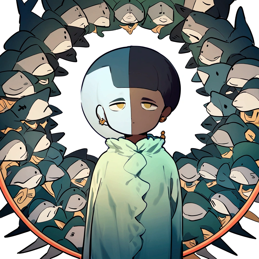 A young Asian man with black hair buzz cut short, dressed in a green fur coat and a simple white shirt. He wears a small earring on his left ear. The man's face is partially covered by a crown of light blue sharks and various sizes, arranged in a circle around his head. The background of the image is simple and clear, an infinite white background, highlighting the man and the sharks. Man's expression is neutral and contemplative. The image should convey a sense of introspection and surrealism.