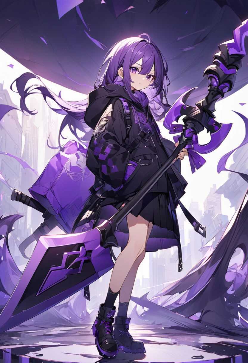 Keito。Purple Eyes。Purple Hair。Purple hoodie。Black Skirt。Black shoes下。Black shoes。Purple big axe