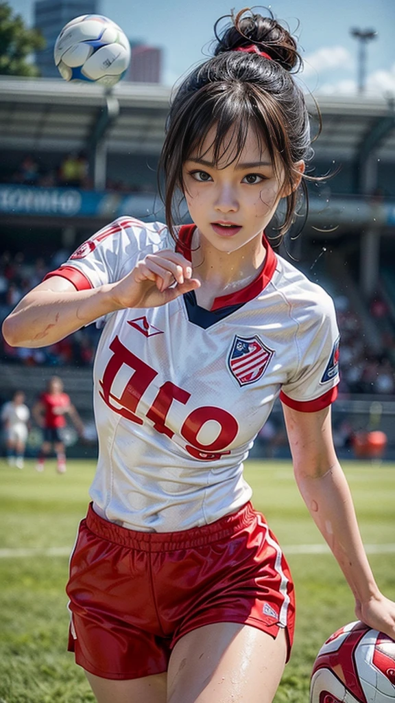 Highest quality, High resolution:1.2, Very detailed, Realistic:1.3, ((Beautiful woman))、((Super tight uniform))、((Big Breasts))、Vibrant colors, play soccer,(Blunt bangs)、((Various Hair Styles))、Different hair colors、With bangs、Wet Hair, concentrate, splash, Action Shots, Grass blotches, Muddy ground, Wet turf, decide, Fast-paced games, Athletic physique, Shiny soccer ball, Wet Uniform, raindrop, Blurred motion, ボールにconcentrateする, Intense competition, Skillful dribbling, Energetic play, Teamwork, powerful shoots, Wet pitch, Passionate sports, Fierce decide, Humid atmosphere, Fluid movement, emotional expression、Dramatic lighting, Women's Sports, Avid athletes, Exciting Games, Endure, Excited state, Speed and agility, Energetic play, 濡れたsplash、smile、((Red Uniform))