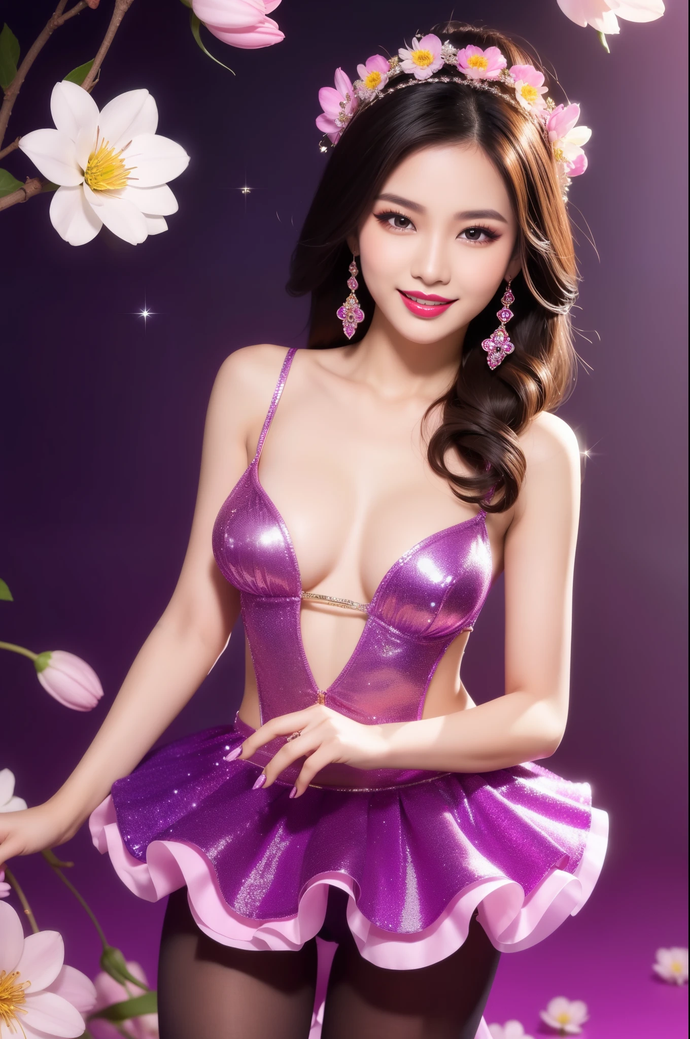 sexy Thai model who controls poison、beautiful smile、lipgloss、bold lipstick、intense makeup、look at the camera、full body Esbian、、sparkling poisoned flower costume、、、、sparkling Colorful hair、secrete poison、skull hair accessories、sexy tights、shiny sparkling flowers background