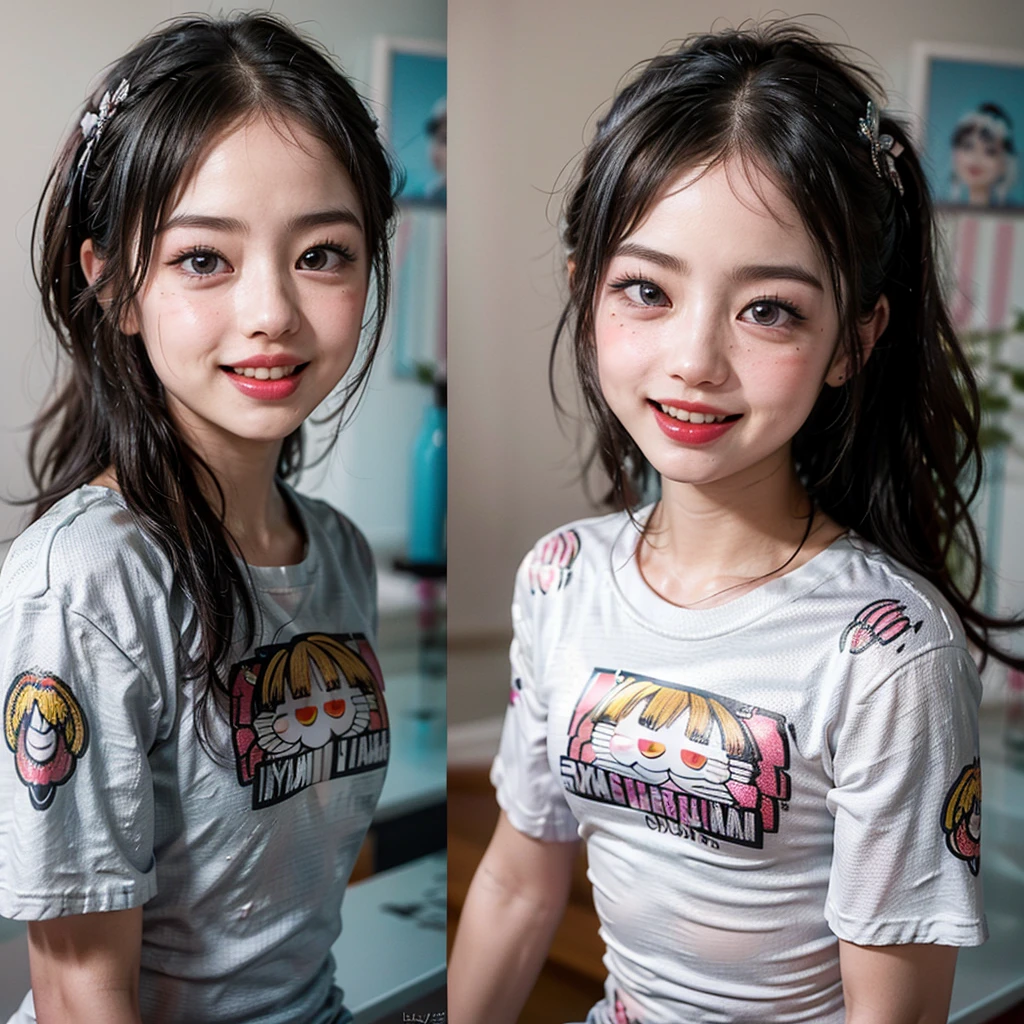 White and Bright Red, (Masterpiece 8K TopQuality:1.2) (ProfessionalPhoto:1.37) ExtremelyDetailed (((a KAWAII girl's Face Printed on T-shirt:1.4)) (T shirt design) oversized t-shirt BREAK. (((NOGIZAKA FaceVariations))), Extremely Detailed very KAWAII FaceVariations, Childish CaptivatingGaze Stunning ParfectEyes ElaboratePupils with (SparklingHighlights:1.28), DoubleEyelids with (Detailed Voluminous LongEyelashes:0.88), Small GlossyRedLips with BeautifulDetails, CoquettishTongue, PUNIPUNI RosyCheeks, Radiant PearlSkin with Transparency, Glowing DowneyHair . { (Dynamic Joyful expressions LifeLike Rendering:1.4) | (:d) }, (large eyes:-1) . 