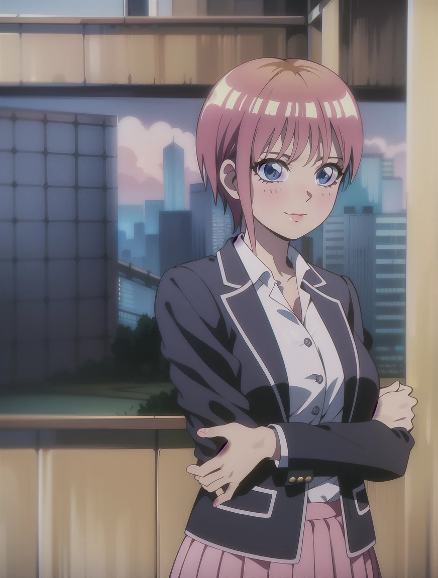 detailed shiny skin, (realistic, photo-realistic:1.4), a pretty girl, standing, looking out of window, white shirt, collared shirt, black blazer, green pleated skirt, short sleeves, slight smile (nose blush), blue eyes, short hair + pink hair + one longbstrand, ichika \(the quintessential quintuplets\)