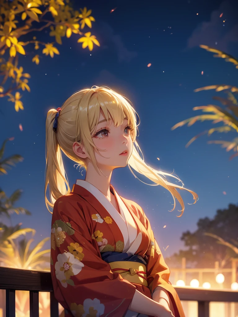 Kyoko , kimono night in firework , blonde hair, pigtailed haired,  , yellowisheyes