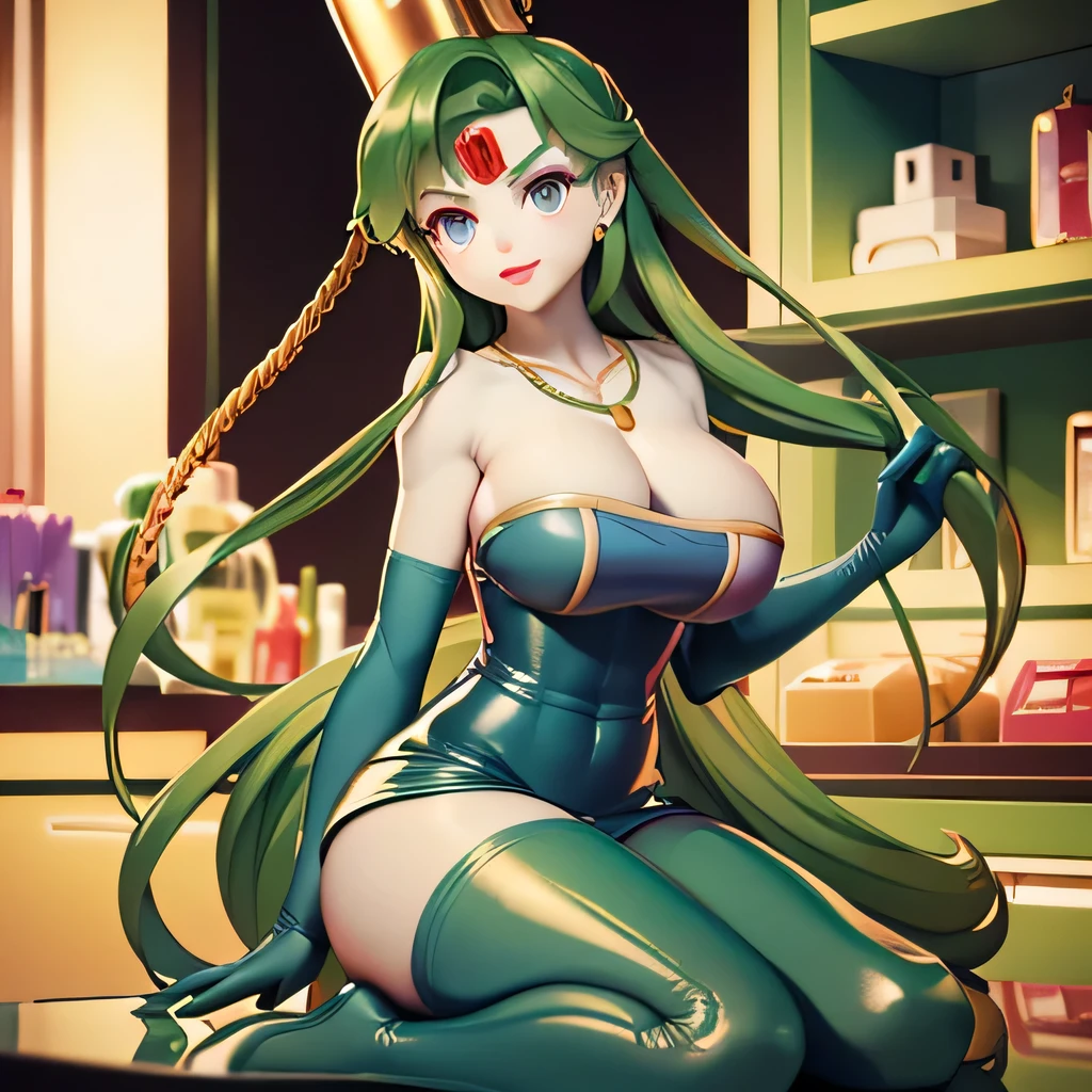 (masterpiece,best quality,ultra-delicate,Perfect Face,16k,high resolution,very beautiful woman), Atsugessho:1.3,deep green hair,blue latex bodycon dress, long latex gloves, green tights, (huge breasts), gold headpiece, pale blue skin, red gem on forehead, pink mist, ((cosmetics counter)), holding large red ball on rope, necklace, smirk, (extremely glossy)