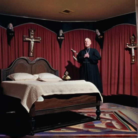 Regan levitates above his bed, with a demonic expression, while priests recite prayers with raised crosses. The room is in chaos, with objects floating and lights flashing. The scene is intense and dramatic.