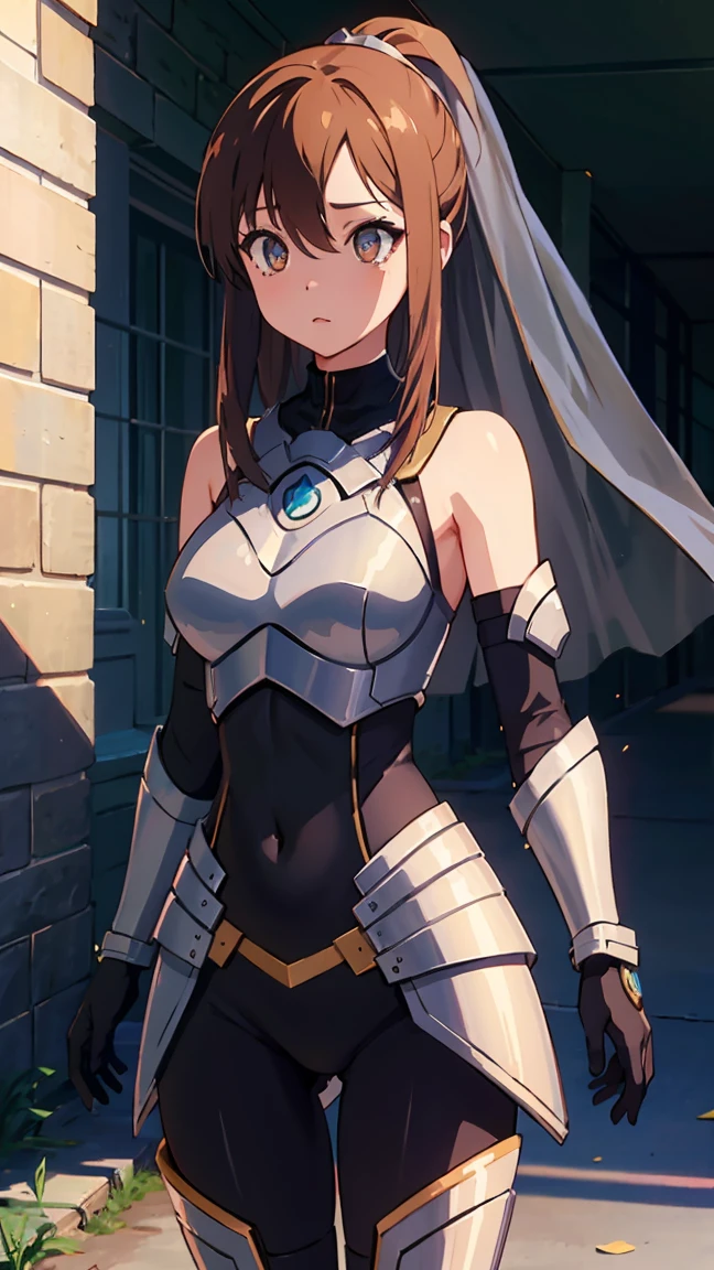 an1, brown eyes, ponytail,
BREAK (armor, bodysuit, pauldrons, sexy bodysuit, shoulder armor, thighs, veil, black veil:1.2),
BREAK street, standing,
BREAK (masterpiece:1.2), best quality, high resolution, unity 8k wallpaper, (illustration:0.8), (beautiful detailed eyes:1.6), extremely detailed face, perfect lighting, extremely detailed CG, (perfect hands, perfect anatomy),