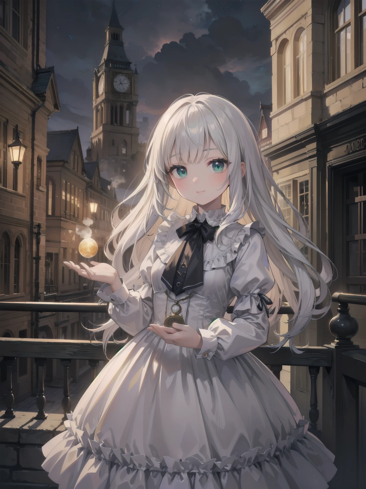 (Highest quality、16K、masterpiece、Ultra-high resolution、Victorian era、Photorealistic:1.2)、A delicate Lolita girl, aged 13, stands on a castle balcony at dusk, surrounded by the city's skyline and steampunk contraptions. Her platinum hair is messy, framing her androgynous charm. She wears a flowing white dress with a light green tie and holds a pocket watch in hand. A subtle smile plays on her lips as she gazes out at the night view, her eyes shining like sapphires. The air is filled with steam spewing from pipes, adding to the surreal atmosphere. Her skin glows with an ultra-dense texture, and her fingers are full and detailed.
