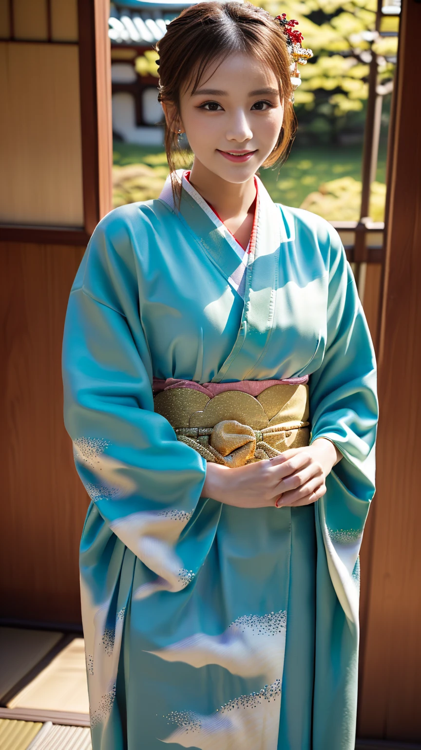 (((Regular dressing:1.5))),(Surreal), (High resolution), (8K), (Very detailed), (Best illustrations), (Beautifully detailed and sparkling eyes), (Highest quality), (Very detailedな), (masterpiece), (wallpaper), (Detailed face), (Beautiful smile)、(Beautiful expression)、One female、Looking into the camera、((Glamorous Body))、(((Beautiful kimono、National treasure-class kimono,Thick kimono:1.5)))