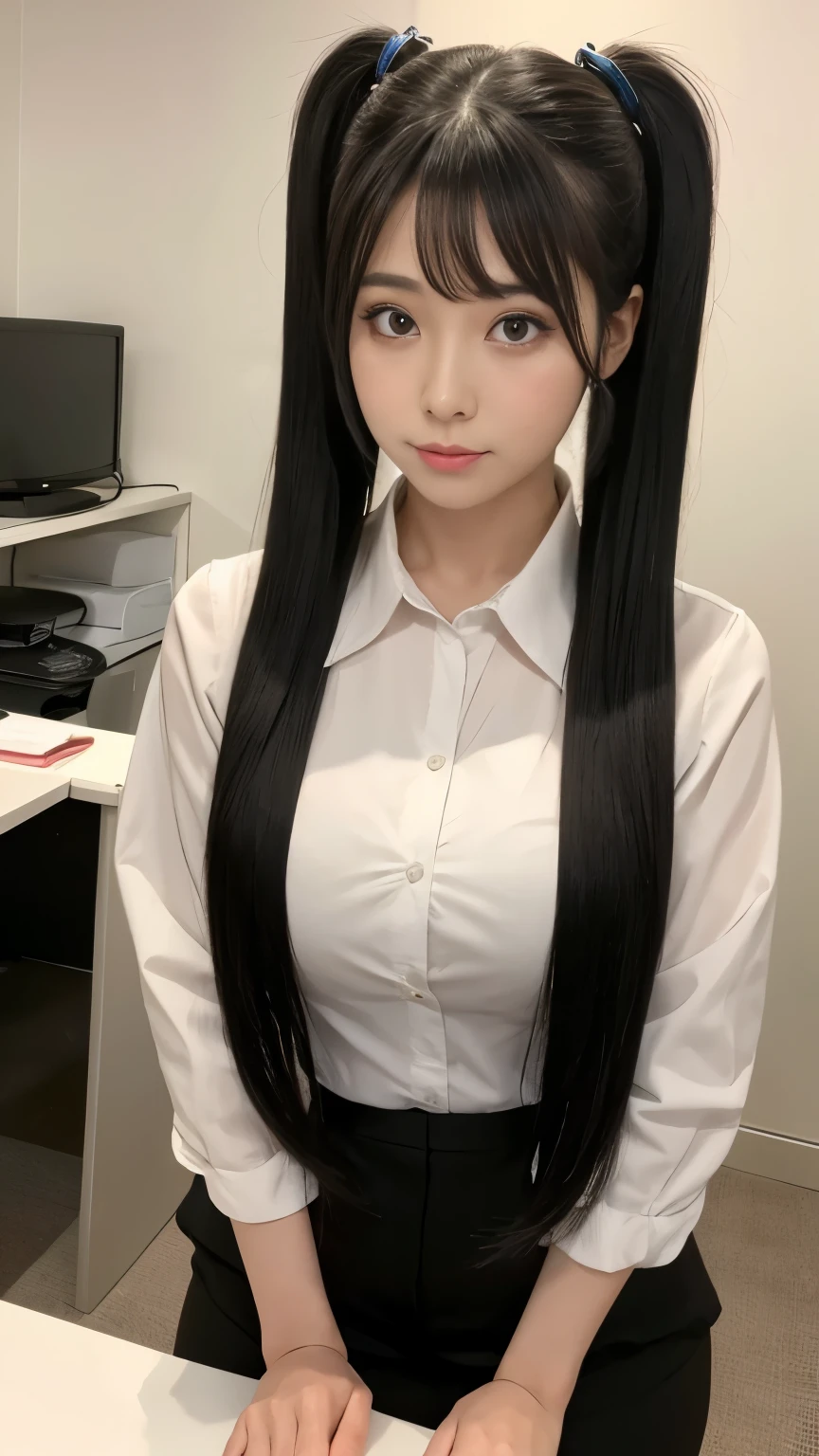 A beautiful secretary with black hair and twin tails