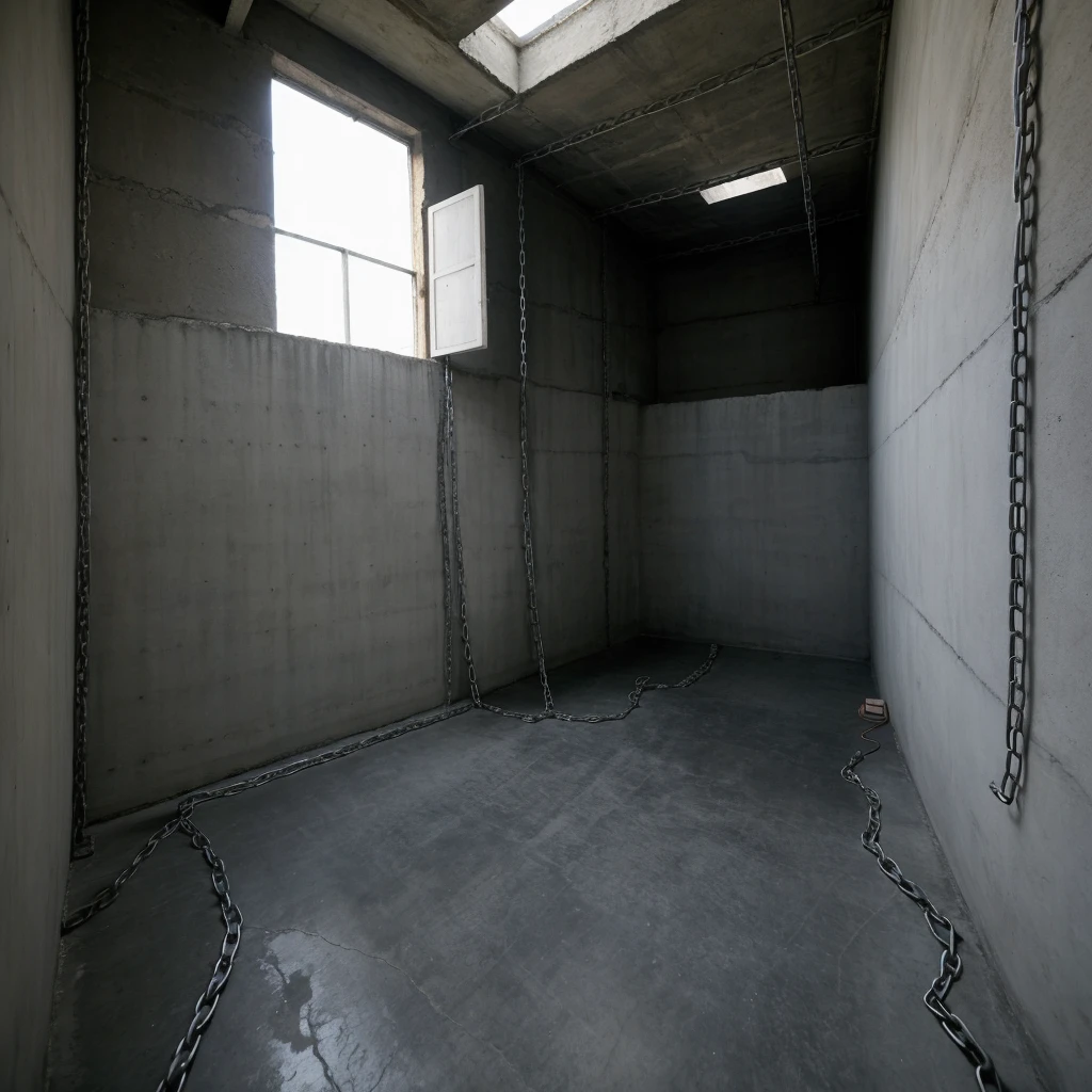 ((Best Quality)), ((Masterpiece)), (detailed), room, with concrete walls like a cell, no window, con un mattress on the floor, and chains. liminal space, prison area, empty, scary, Dark, intricate lines. mattress on the floor. mattress on the floor hd. 