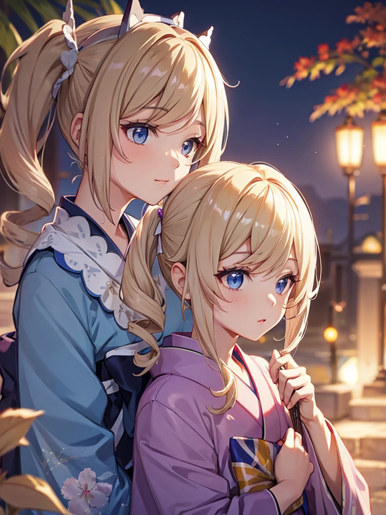 Barbara, kimono night in firework , blonde hair, pigtailed haired,  Blue eyes 