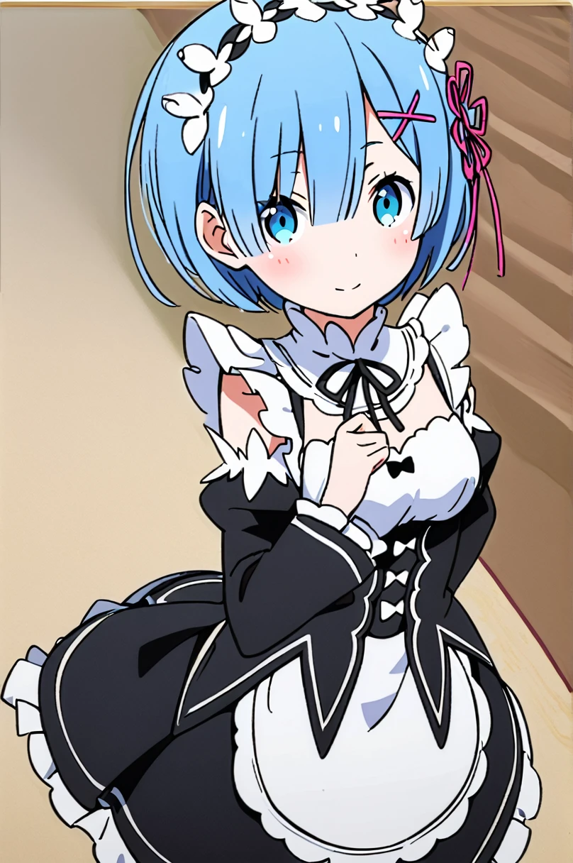 1girl,solo,rem (re:zero),blue hair,x hair ornament,short hair,hair ornament,blue eyes,maid,looking at viewer,ribbon,maid headdress,long sleeves,dress,roswaal mansion maid uniform,smile,hair ribbon,breasts,puffy sleeves,frills,apron,bangs,closed mouth,black ribbon,pink ribbon,blush,medium breasts,black dress,juliet sleeves,cowboy shot,flower,hair between eyes,red ribbon,waist apron,traditional media,