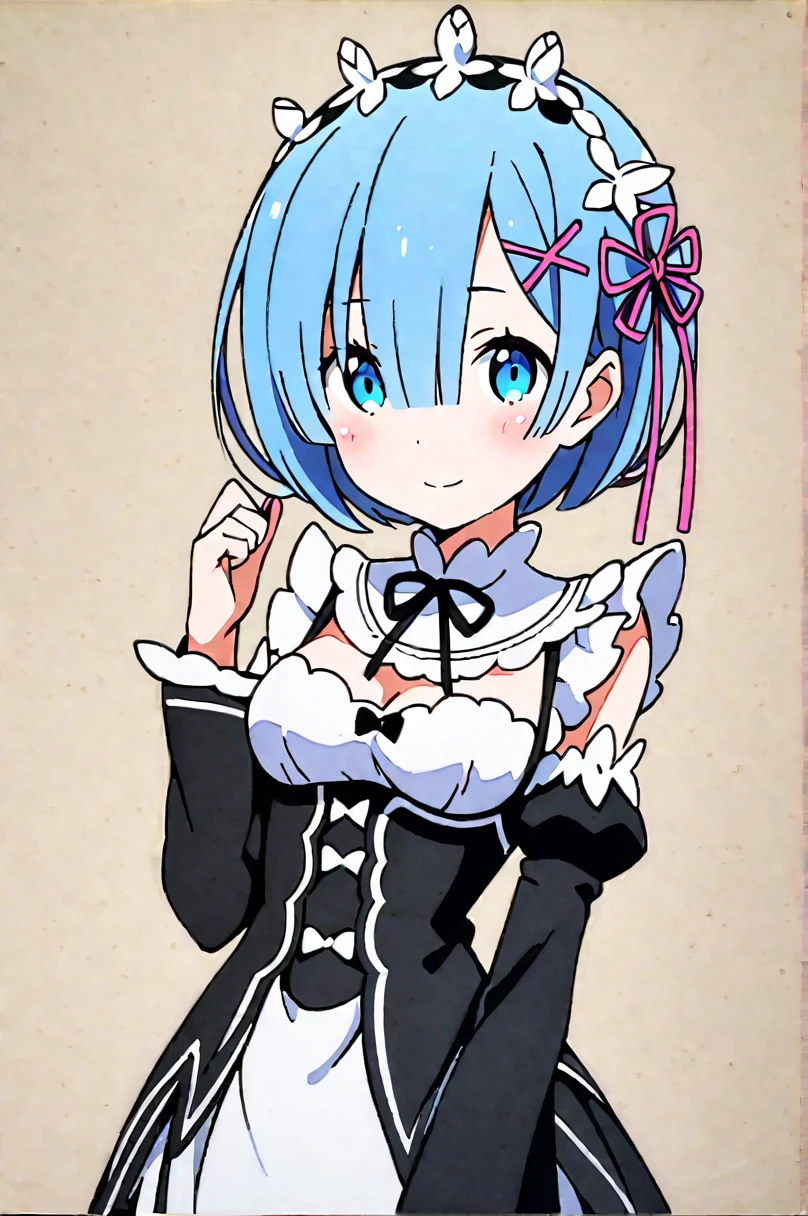 1girl,solo,rem (re:zero),blue hair,x hair ornament,short hair,hair ornament,blue eyes,maid,looking at viewer,ribbon,maid headdress,long sleeves,dress,roswaal mansion maid uniform,smile,hair ribbon,breasts,puffy sleeves,frills,apron,bangs,closed mouth,black ribbon,pink ribbon,blush,medium breasts,black dress,juliet sleeves,cowboy shot,flower,hair between eyes,red ribbon,waist apron,traditional media,