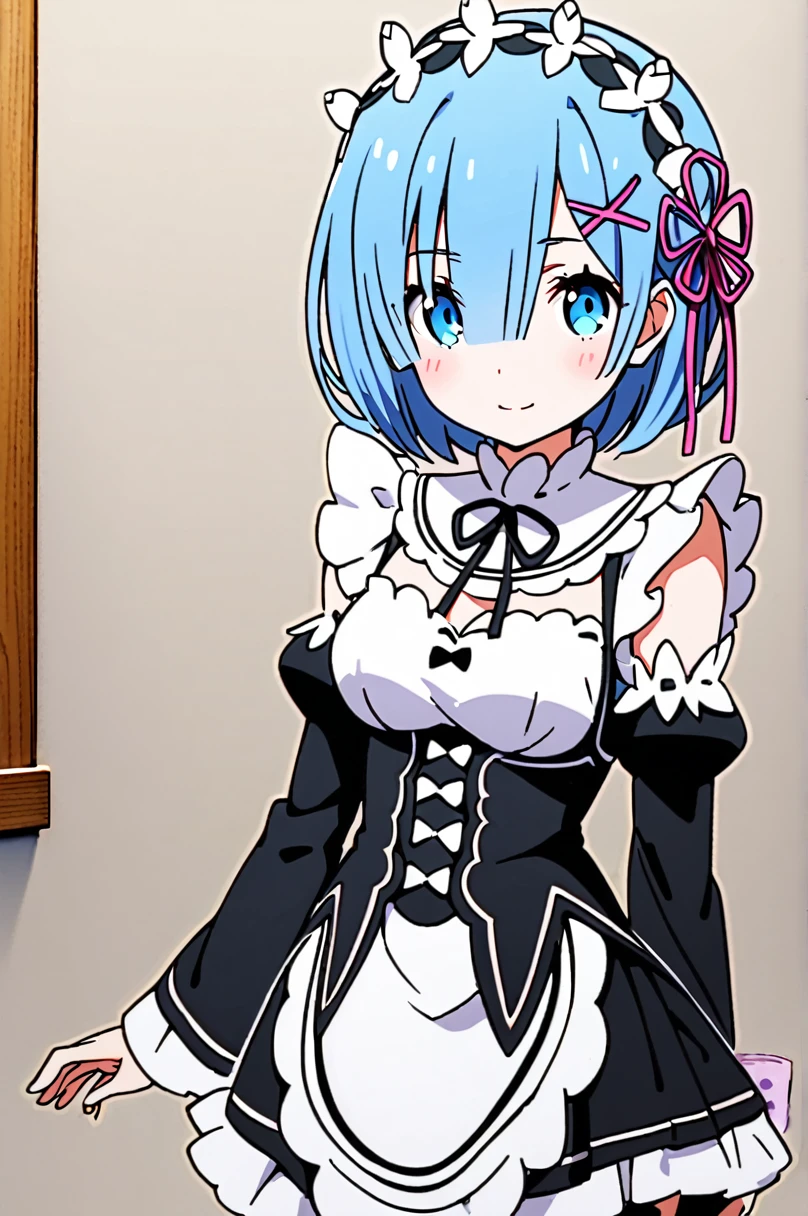 1girl,solo,rem (re:zero),blue hair,x hair ornament,short hair,hair ornament,blue eyes,maid,looking at viewer,ribbon,maid headdress,long sleeves,dress,roswaal mansion maid uniform,smile,hair ribbon,breasts,puffy sleeves,frills,apron,bangs,closed mouth,black ribbon,pink ribbon,blush,medium breasts,black dress,juliet sleeves,cowboy shot,flower,hair between eyes,red ribbon,waist apron,traditional media,