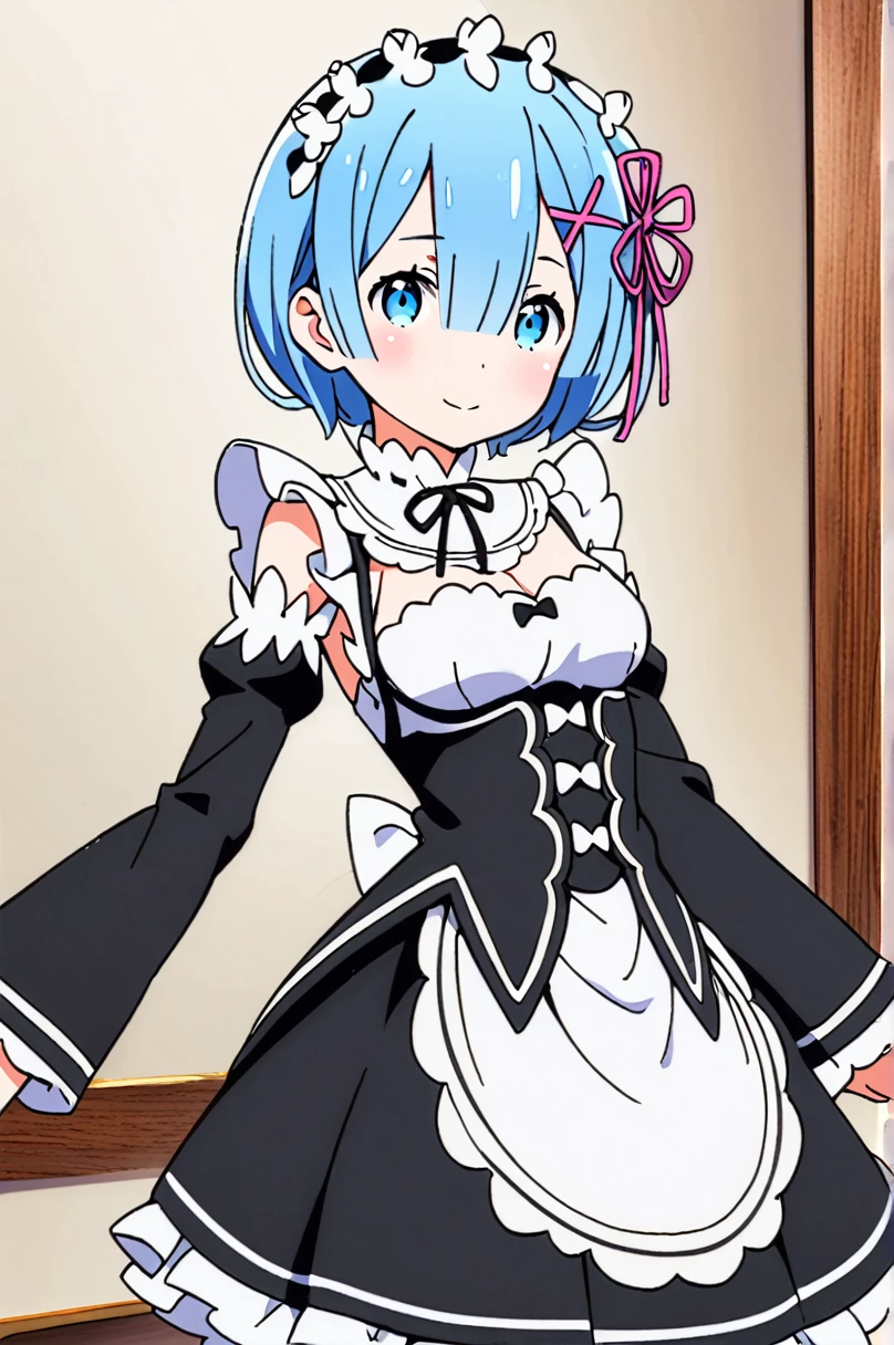 1girl,solo,rem (re:zero),blue hair,x hair ornament,short hair,hair ornament,blue eyes,maid,looking at viewer,ribbon,maid headdress,long sleeves,dress,roswaal mansion maid uniform,smile,hair ribbon,breasts,puffy sleeves,frills,apron,bangs,closed mouth,black ribbon,pink ribbon,blush,medium breasts,black dress,juliet sleeves,cowboy shot,flower,hair between eyes,red ribbon,waist apron,traditional media,