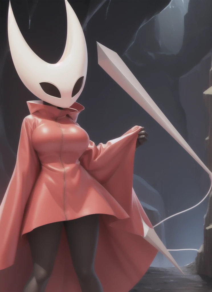 hornet, cute, chibi, no feet, furry female, anthro, needle weapon, thread, standing, solo, red body-hugging raincoat, big breasts, (best quality), (detailed dark cave background:1.2), looking at viewer, holding weapon, flat colors, 