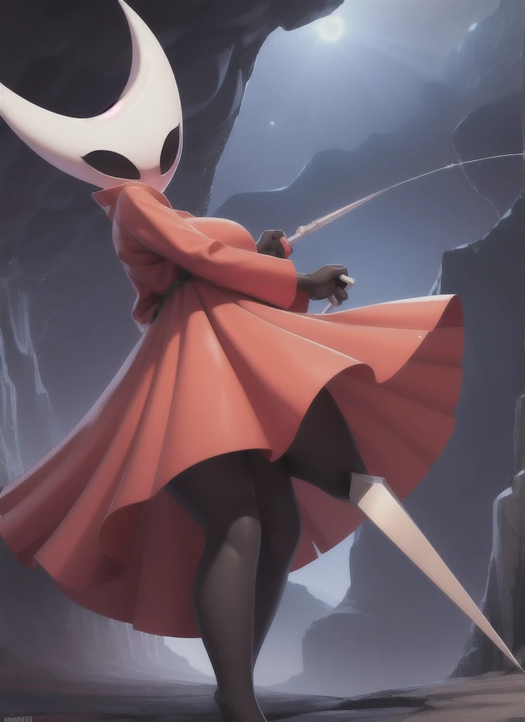 hornet, cute, chibi, no feet, furry female, anthro, needle weapon, thread, standing, solo, red body-hugging raincoat, big breasts, (best quality), (detailed dark cave background:1.2), looking at viewer, holding weapon, flat colors, 