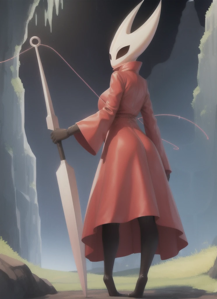 hornet, cute, chibi, no feet, furry female, anthro, needle weapon, thread, standing, solo, red body-hugging raincoat, big breasts, (best quality), (detailed dark cave background:1.2), looking at viewer, holding weapon, flat colors, 