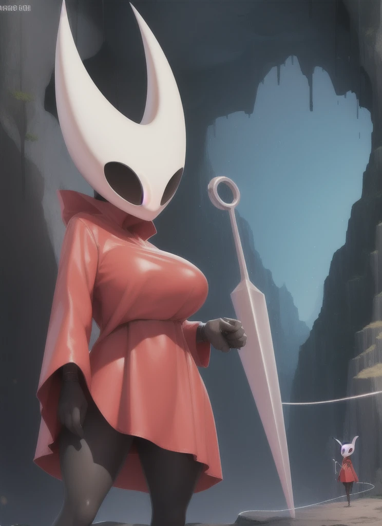 hornet, cute, chibi, no feet, furry female, anthro, needle weapon, thread, standing, solo, red body-hugging raincoat, big breasts, (best quality), (detailed dark cave background:1.2), looking at viewer, holding weapon, flat colors, 