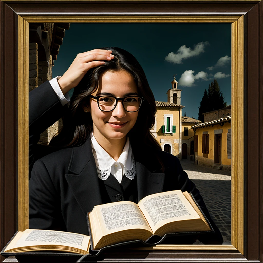 Create a black  with glasses holding books in an Italian village. ((best quality)), ((masterpiece)), (detailed).