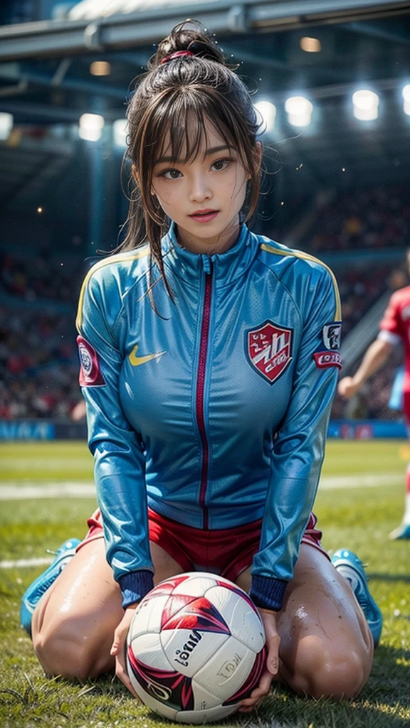 Highest quality, High resolution:1.2, Very detailed, Realistic:1.3, ((Beautiful woman))、((Super tight uniform))、(())、Vibrant colors, play soccer,(Blunt bangs)、((Various Hair Styles))、Different hair colors、With bangs、Wet Hair, concentrate, splash, Action Shots, Grass blotches, Muddy ground, Wet turf, decide, Fast-paced games, Athletic physique, Shiny soccer ball, Wet Uniform, raindrop, Blurred motion, ボールにconcentrateする, Intense competition, Skillful dribbling, Energetic play, Teamwork, powerful shoots, Wet pitch, Passionate sports, Fierce decimid atmosphere, Fluid movement, emotional expression、Dramatic lighting, Women's Sports, Avid athletes, Exciting Games, Endure, Excited state, Speed and agility, Energetic play, 濡れたsplash、smile、((Red Uniform))