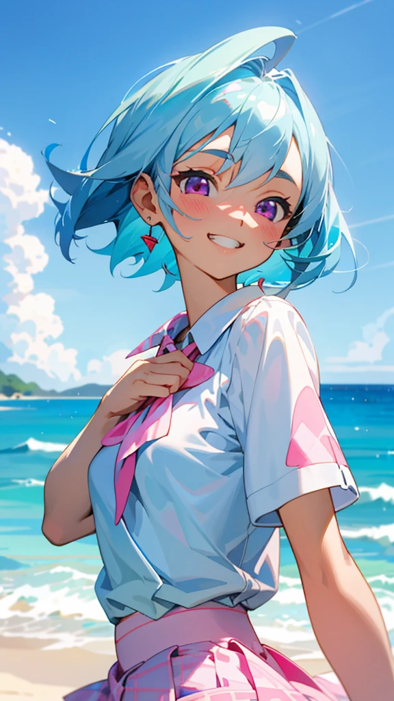 ****************、Anime style painting、Light blue hair、Pink Eyes、Small breasts、white blouse shirt、Checked mini skirt、Upper body close-up、Sandy beach background、Blue sky and white clouds、Grin、From the side、Sharp contours