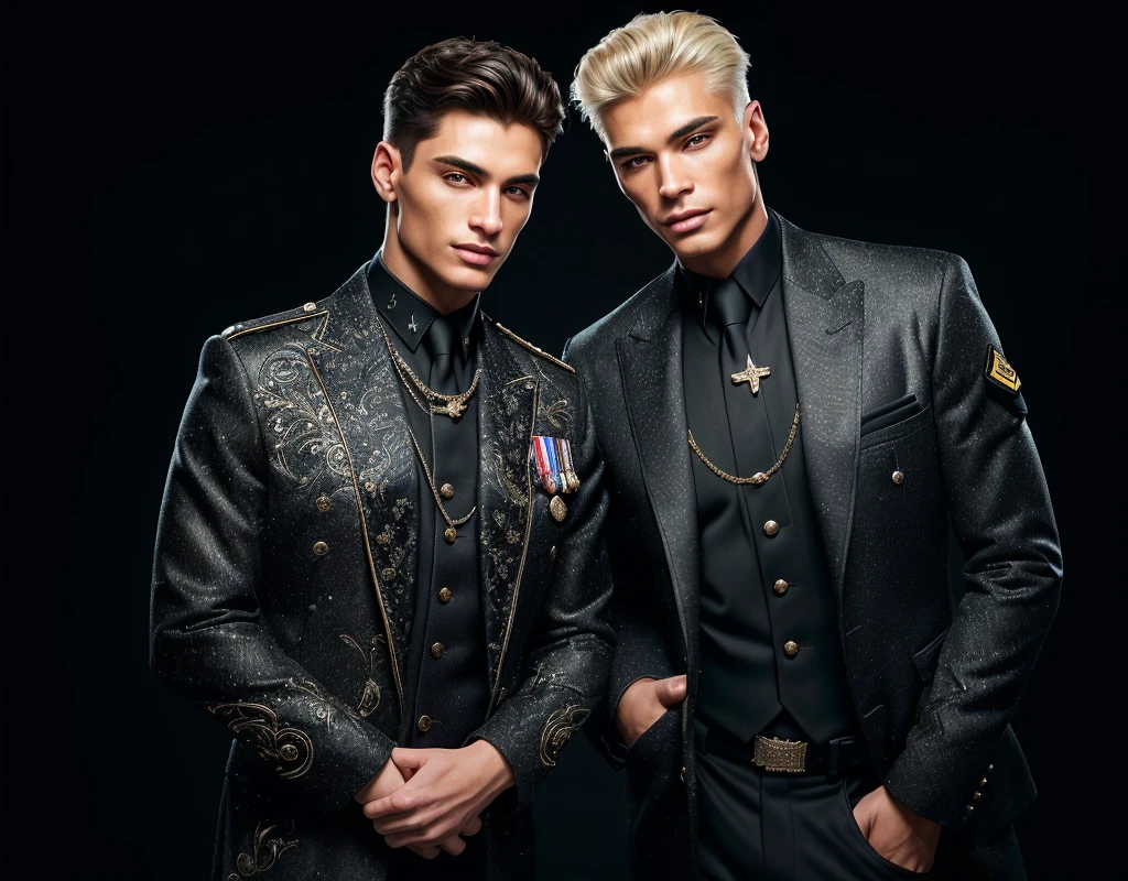 there are two handsome gay supermodels dressed in exclusive black police uniform designed by hugo boss - standing next to each other, petros and leonid, andrey surnov, dmitry mazurkevich, alexey gurylev, greg rutkowski and ilya repin, handsome symmetrical faces, uniform background, in military uniform, Hugo Boss, Lagerfeld, Ultrarealistic Photography, trending on Flickr, trending  on pinterest,  insanely detailed and intricate, Lifelike, Authentic, True-to-life, Genuine, Natural, Cinematic Lighting, Dramatic, Theatrical, Atmospheric, Evocative, Mood-setting, Award Winning Photography, Acclaimed, Recognized, Celebrated, Honored, Prize-winning, Sharp Focus, Crisp, Clear, Precise, Well-defined, Distinct, Masterpiece Photography, Iconic, Exceptional, Extraordinary, Stunning, Magnificent, Studio Photography, Controlled, Polished, Professional, Refined, Perfected, Nikon, High-quality, Reliable, Durable, Precision-engineered, Cutting-edge, No Filter Photography, Natural-looking, Unedited, Raw, Authentic, True-to-life, 8K Photography, High-resolution, Crystal-clear, Ultra-detailed, Immersive, Cutting-edge, Realistic Skin Texture, Lifelike, Natural-looking, Authentic, True-to-life, Genuine, Photorealistic, Hyper-realistic, True-to-life, Natural-looking, Authentic, Realistic, Hyper Realism, Ultra-detailed, Intensely realistic, Extremely lifelike, Highly precise, Stunningly accurate, Highly Detailed, Intricate, Elaborate, Meticulous, Comprehensive, Thorough, Flattering, Intimate, Personal, Impressive, Captivating, Professional Studio Lighting, Expertly lit, Skillfully crafted, Perfectly balanced, Impeccably executed, Artfully arranged, Million dollar Photoshoot, Memorable.