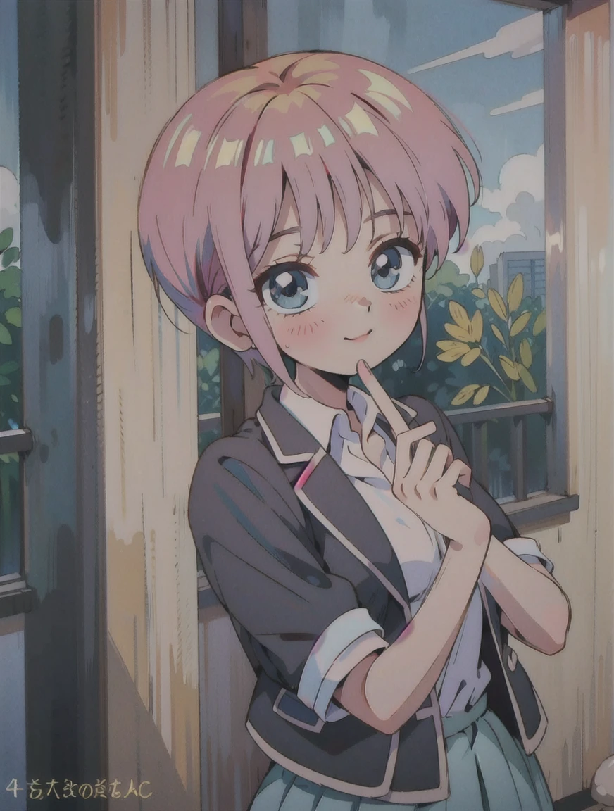 detailed shiny skin, (realistic, photo-realistic:1.4), a pretty girl, standing, looking out of window, white shirt, collared shirt, black blazer, green pleated skirt, short sleeves, slight smile (nose blush), blue eyes, short hair + pink hair + one longbstrand, ichika \(the quintessential quintuplets\)