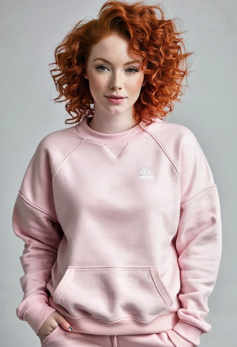woman, redhead hair, curly hair, with sweatshirt pink, pale skin, white skin, pawg