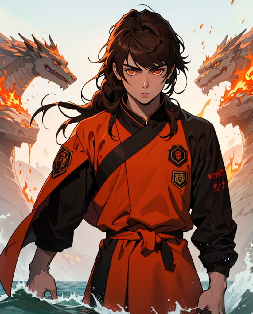 Masterpiece, Best quality, high quality, 1 man, 20 years old, One, athletic body and white skin, male focus, Looking at the viewer, upper body, long brown hair (tied hair) and long bangs, orange eyes, black closed coat with blood drops, fire and water mania around it