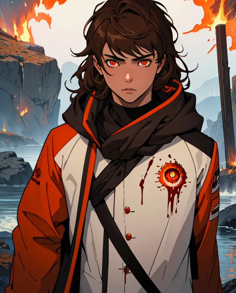 Masterpiece, Best quality, high quality, 1 man, 20 years old, One, athletic body and white skin, male focus, Looking at the viewer, upper body, long brown hair (tied hair) and long bangs, orange eyes, black closed coat with blood drops, fire and water mania around it