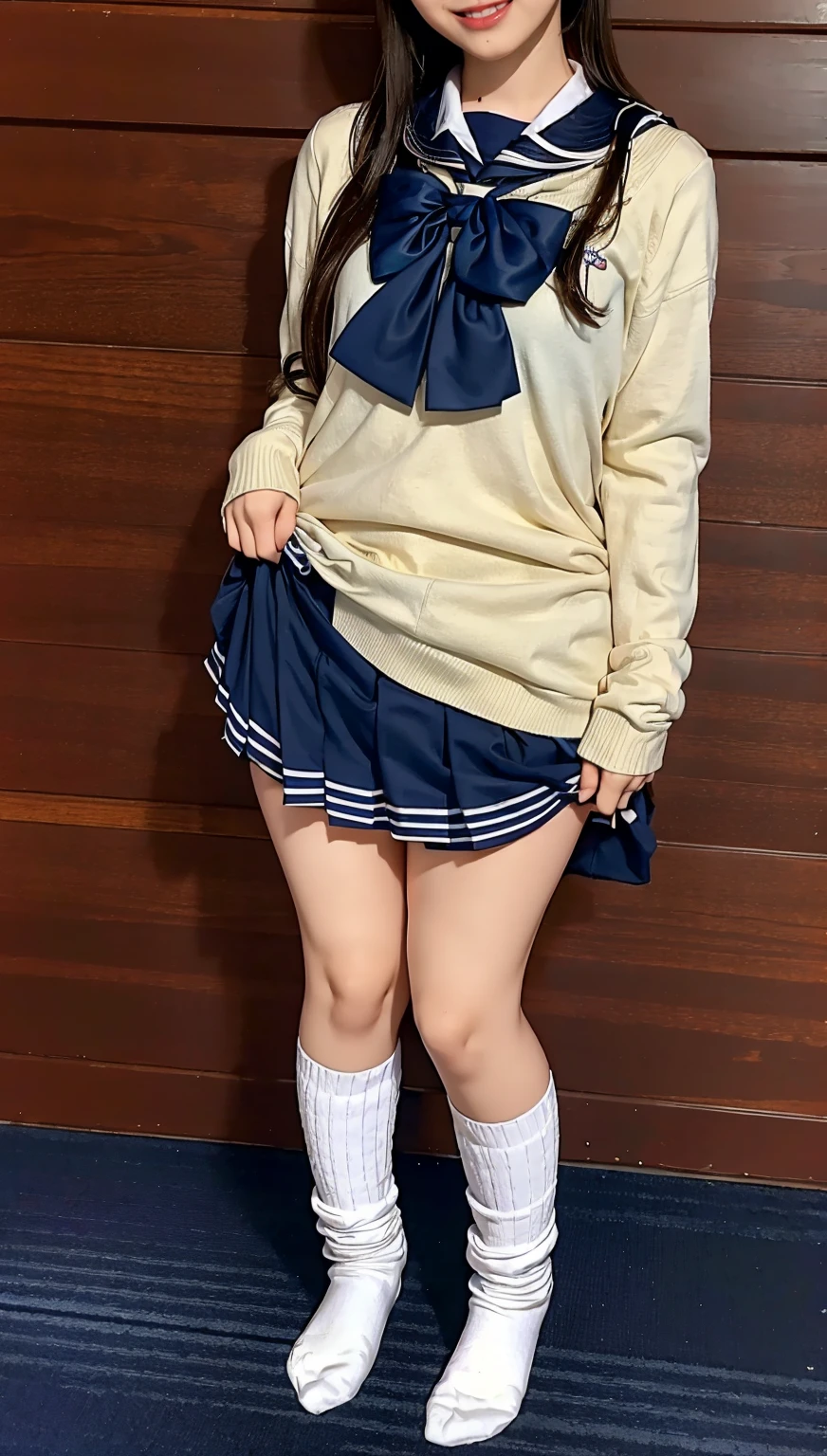 ((highest quality、8k、masterpiece:1.3)),((((fullbody shot)))),Ultra-high resolution,big eyes,Japanese,bangs,(a girl),(1 girl),((20 years old)),((facing at viewer)),(long hair),(((black sailor uniform))),grin,((standing)),((skirt lift)),((short socks))
