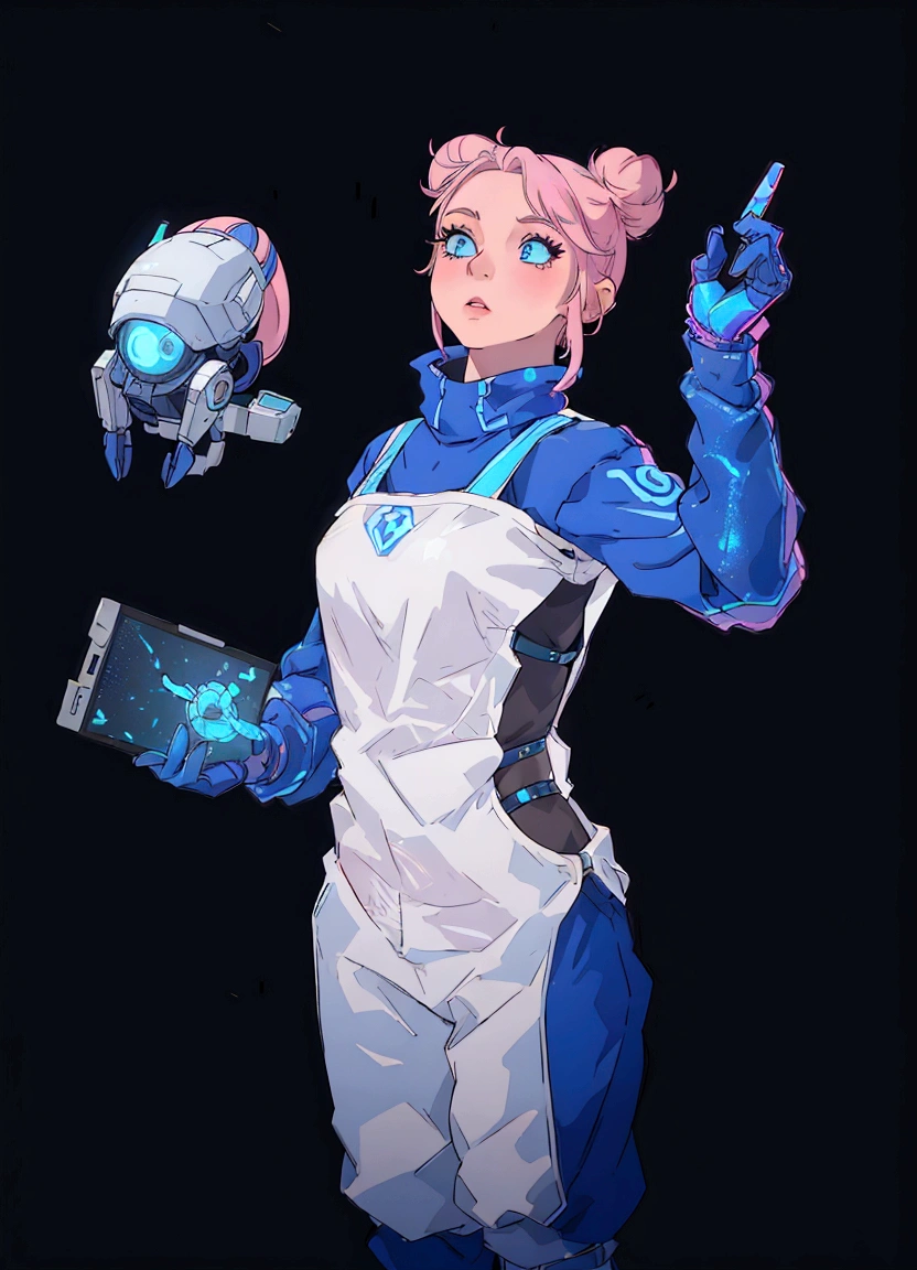 A female character with pink hair styled into buns, wearing a blue and white futuristic outfit that includes a vest, gloves, and boots, stands against a black background. She is holding a small robot in her left hand and a tablet in her right hand, which displays a holographic image of a planet. Her pose is confident with one hand pointing upwards.