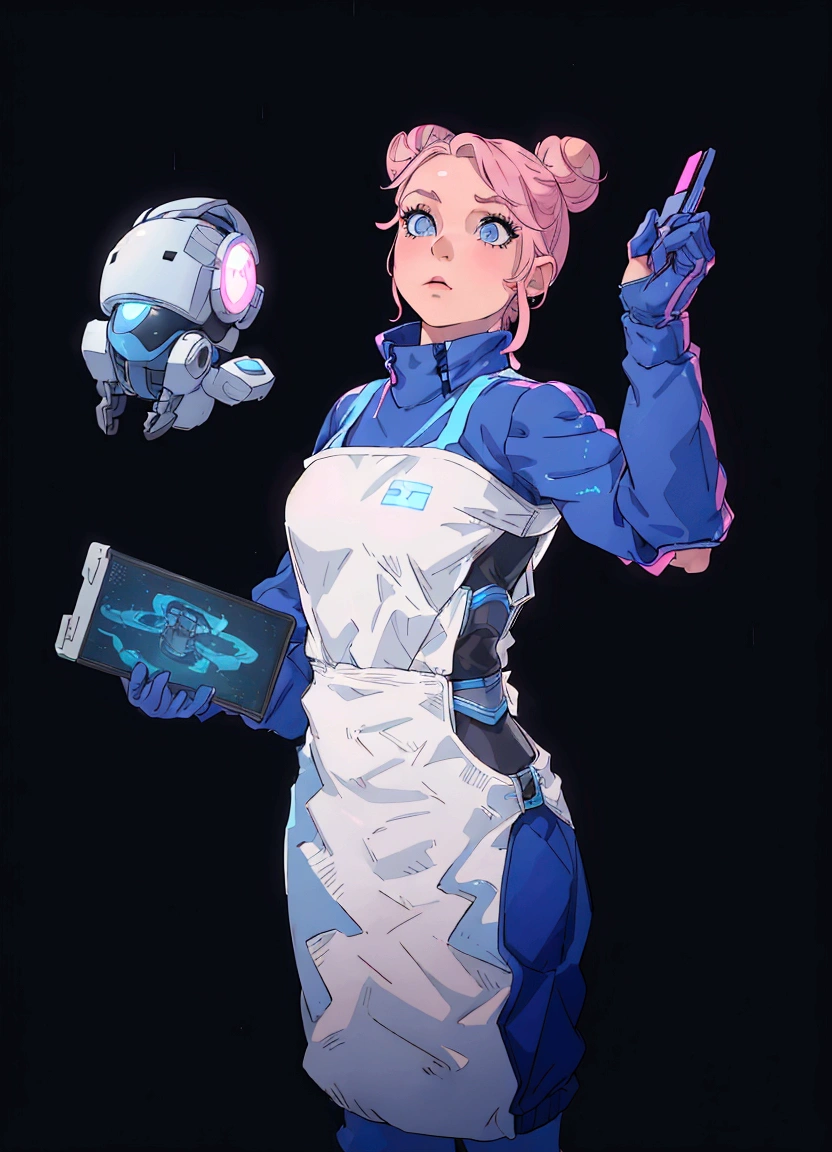 A female character with pink hair styled into buns, wearing a blue and white futuristic outfit that includes a vest, gloves, and boots, stands against a black background. She is holding a small robot in her left hand and a tablet in her right hand, which displays a holographic image of a planet. Her pose is confident with one hand pointing upwards.