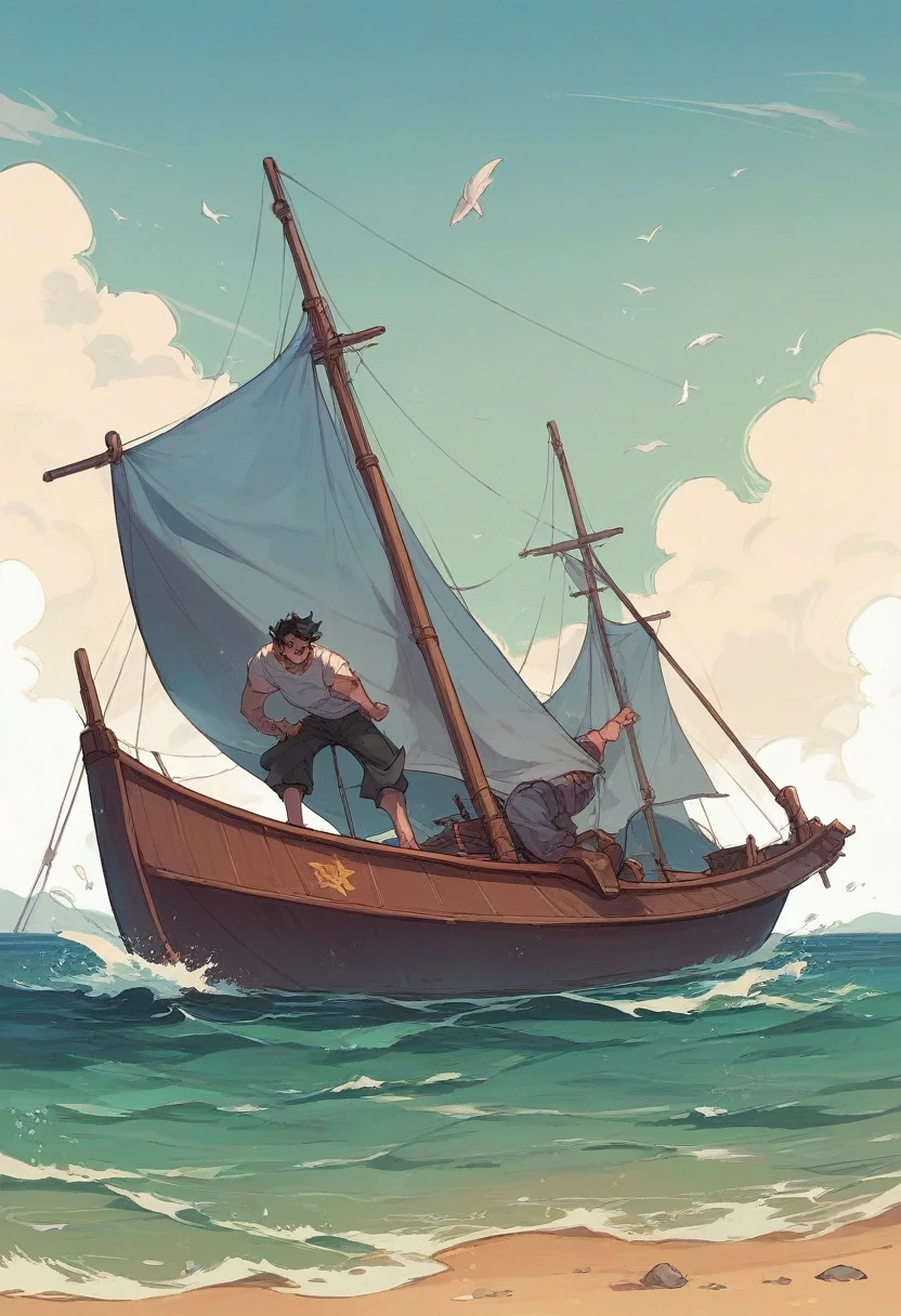 A sea storm raging with a boat in the middle struggling not to capsize