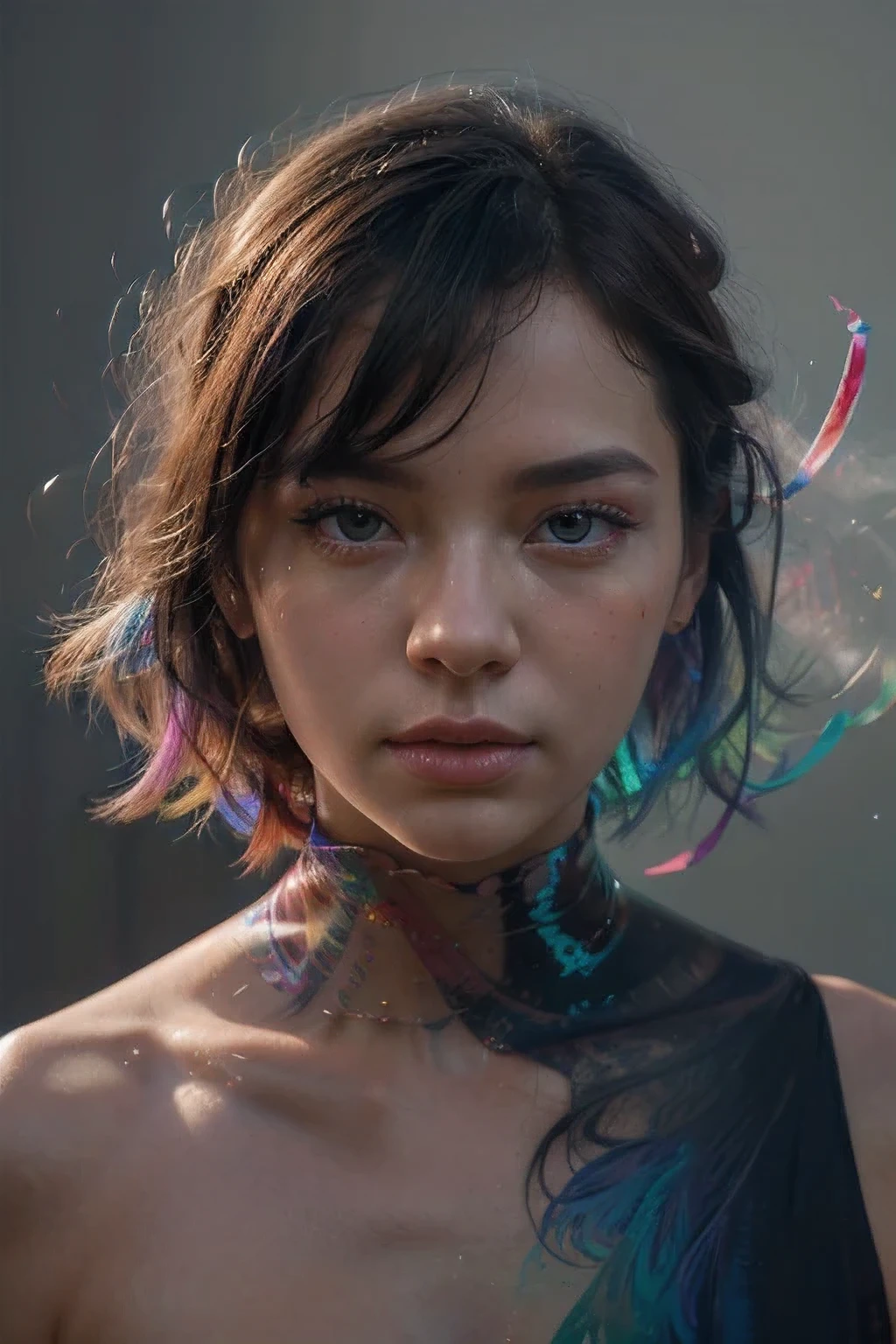 _James Jean, floating female figure made of ribbons, smoke, In the sky, colorful and vibrant, mystical colors, contemporary impressionism, yanjun cheng portrait painting, iridescent paint, 3/view in 4 perspectives, Beautiful face, low angle, wide circular composition, big beautiful glass eyes, large irises, UHD, HDR, 8k, (Masterpiece:1. 5), (The most beautiful portrait in the world:1.5)