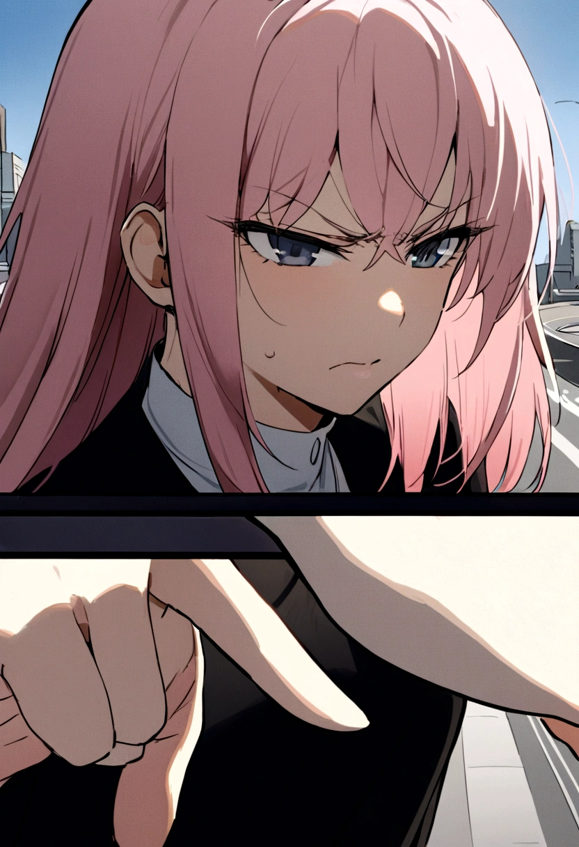 A city girl with pink hair、Middle wind、abuse、Get angry、Hands on hips、Pointing at someone with your finger、On the roadside、Upper body close-up