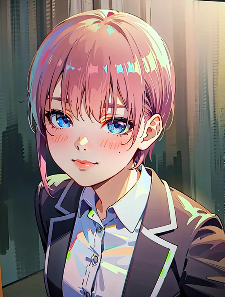 detailed shiny skin, (realistic, photo-realistic:1.4), a pretty girl, standing, looking out of window, white shirt, collared shirt, black blazer, green pleated skirt, short sleeves, slight smile (nose blush), blue eyes, short hair + pink hair + one longbstrand, ichika \(the quintessential quintuplets\)