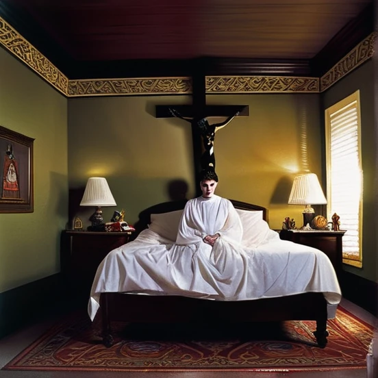 The girl Regan levitates above his bed, with a demonic expression, while priests recite prayers with raised crosses. The room is in chaos, with objects floating and lights flashing. The scene is intense and dramatic.