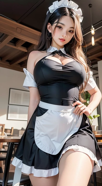 (((Full and soft breasts,)))(((Huge breasts))) (((Cleavage))) (Perfect curvy figure), (Unity 16K wallpaper, On the table, best quality, Extremely detailed, 极其detailedCG, light, detailed, Beautiful and delicate eyes, Solitary),Ultra-high resolution,Delicate skin,Sexy,maid, maid apronl, Maid headdress,Knives,A teasing smile,From below,Hands on Hips,Flowing hair, wind, indoors,