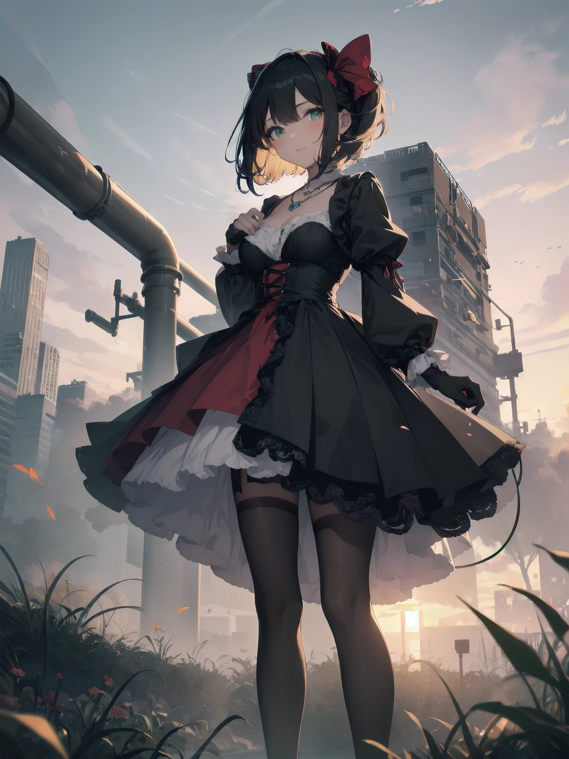 (Masterpiece:1.2), (Top quality: 1.2), Super high resolution, Very detailed,. 
BREAK.
, ((Anime girl standing with happiness in her hands)), Crazy girl, (1,Lolita,Boyish, , 12 years old: 1.3), Light smile, , Girl looking like a boy, Bob-cut hair, Shaggy hair, Very large breasts, nubile, slender body, overflowing with soft fat mass. Small hips, Vertically large eyes, Fine and beautiful eyes, Well-proportioned irises and pupils, Expressive eyes, Beautifully detailed lips, High resolution detailed hair, Perfect eyes, Perfect face, Super dense skin, Full fingers, Perfect lighting,.
 BREAK,. 
((light green necklace)), ((black and red fine dress: 1.3)), light green tie, shining sapphire, lady, wearing white gloves,. 
BREAK.
, (Steampunk), Castle balcony, Skyscraper, Night view, Equipment, Ancient ruins, Tradition, Overwhelming, Magnificent, Steam, Pipes, (Steam spewing out from pipes:1.2), Fantasy, Victorian other world, Early 19th century, Road, trees, clouds, night sky, shading, effects, detail. Masterpiece background,
BREAK.
((Positive: 1.3)),. 
BREAK.
, digital animated art, cartoon-style illustrations, cartoon illustrations