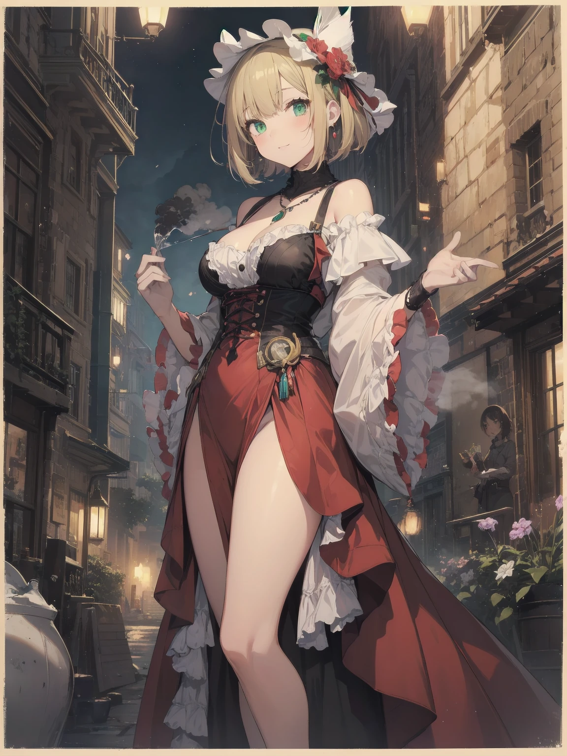 (Masterpiece:1.2), (Top quality: 1.2), Super high resolution, Very detailed,. 
BREAK.
, ((Anime girl standing with happiness in her hands)), Crazy girl, (1,Lolita,Boyish, , 12 years old: 1.3), Light smile, , Girl looking like a boy, Bob-cut hair, Shaggy hair, Very large breasts, nubile, slender body, overflowing with soft fat mass. Small hips, Vertically large eyes, Fine and beautiful eyes, Well-proportioned irises and pupils, Expressive eyes, Beautifully detailed lips, High resolution detailed hair, Perfect eyes, Perfect face, Super dense skin, Full fingers, Perfect lighting,.
 BREAK,. 
((light green necklace)), ((black and red fine dress: 1.3)), light green tie, shining sapphire, lady, wearing white gloves,. 
BREAK.
, (Steampunk), Castle balcony, Skyscraper, Night view, Equipment, Ancient ruins, Tradition, Overwhelming, Magnificent, Steam, Pipes, (Steam spewing out from pipes:1.2), Fantasy, Victorian other world, Early 19th century, Road, trees, clouds, night sky, shading, effects, detail. Masterpiece background,
BREAK.
((Positive: 1.3)),. 
BREAK.
, digital animated art, cartoon-style illustrations, cartoon illustrations
