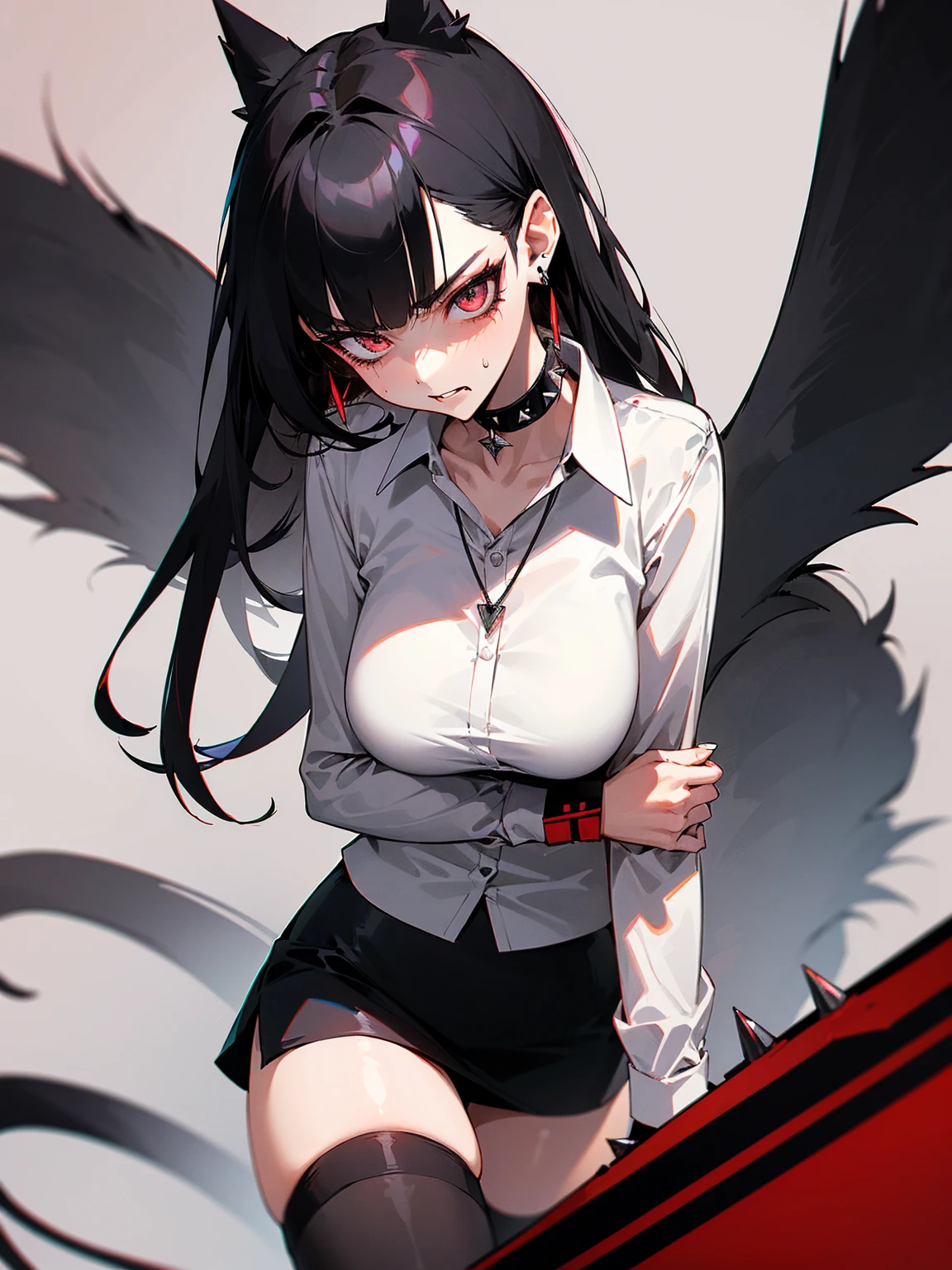 ((Long Straight Black hair)), Perfect face, Choker, Punk earrings, ((Tall)), ((High Quality)), Necklace, ((Mature)), Pretty Eyes, Sharp Nails, Bangs, ((1 Girl)), ((Multiple Earrings)), 1 girl, Spiky Earrings, Adult, Spiked Collar, Thin Eyelashes, Plain Background, Red Colors in Background, Shark Girl, Long Tail, Large Tail, Massive Tail, Shark Tail, ((Black Pleated Skirt With Lines)), ((White Buttoned Shirt)), Close Up, Very Short Mini Skirt, Tall, Long Legs, Dynamic Pose, Black Tail, 2 moles under left eye, Wide Hips, Pantyhose, Thick Thighs, Vibrant Colors, Spreading Legs, Pussy Slip, NSFW, Naked, Nipples, Vagina, Pubic Hair,