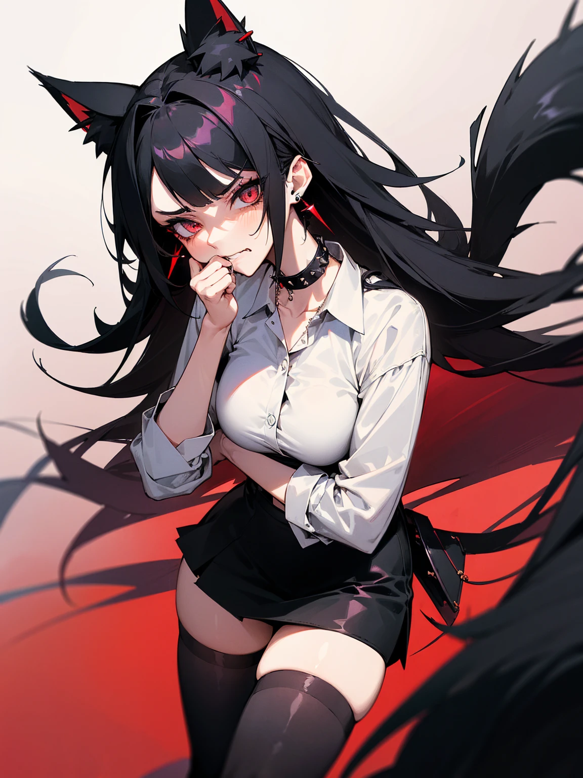 ((Long Straight Black hair)), Perfect face, Choker, Punk earrings, ((Tall)), ((High Quality)), Necklace, ((Mature)), Pretty Eyes, Sharp Nails, Bangs, ((1 Girl)), Hot, ((Multiple Earrings)), 1 girl, Beautiful, Sexy, Spiky Earrings, Adult, Spiked Collar, Thin Eyelashes, Plain Background, Red Colors in Background, Lewd, Orgasmic, Horny, Dark Colors, Black Thigh Highs, Slender Body, Cat Girl, Long Tail, Large Tail, Massive Tail, Black Tail, Long Body, ((Bikini)), ((Unbuttoned Black Shirt)), Close Up, Small Tits,