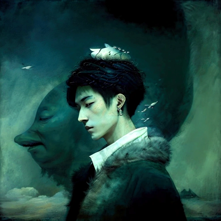 A young Asian man with black hair buzz cut short, dressed in a green fur coat and a simple white shirt. He wears a small earring on his left ear. The man's face is partially covered by a crown of light blue sharks and various sizes, arranged in a circle around his head. The background of the image is simple and clear, an infinite white background, highlighting the man and the sharks. Man's expression is neutral and contemplative. The image should convey a sense of introspection and surrealism.