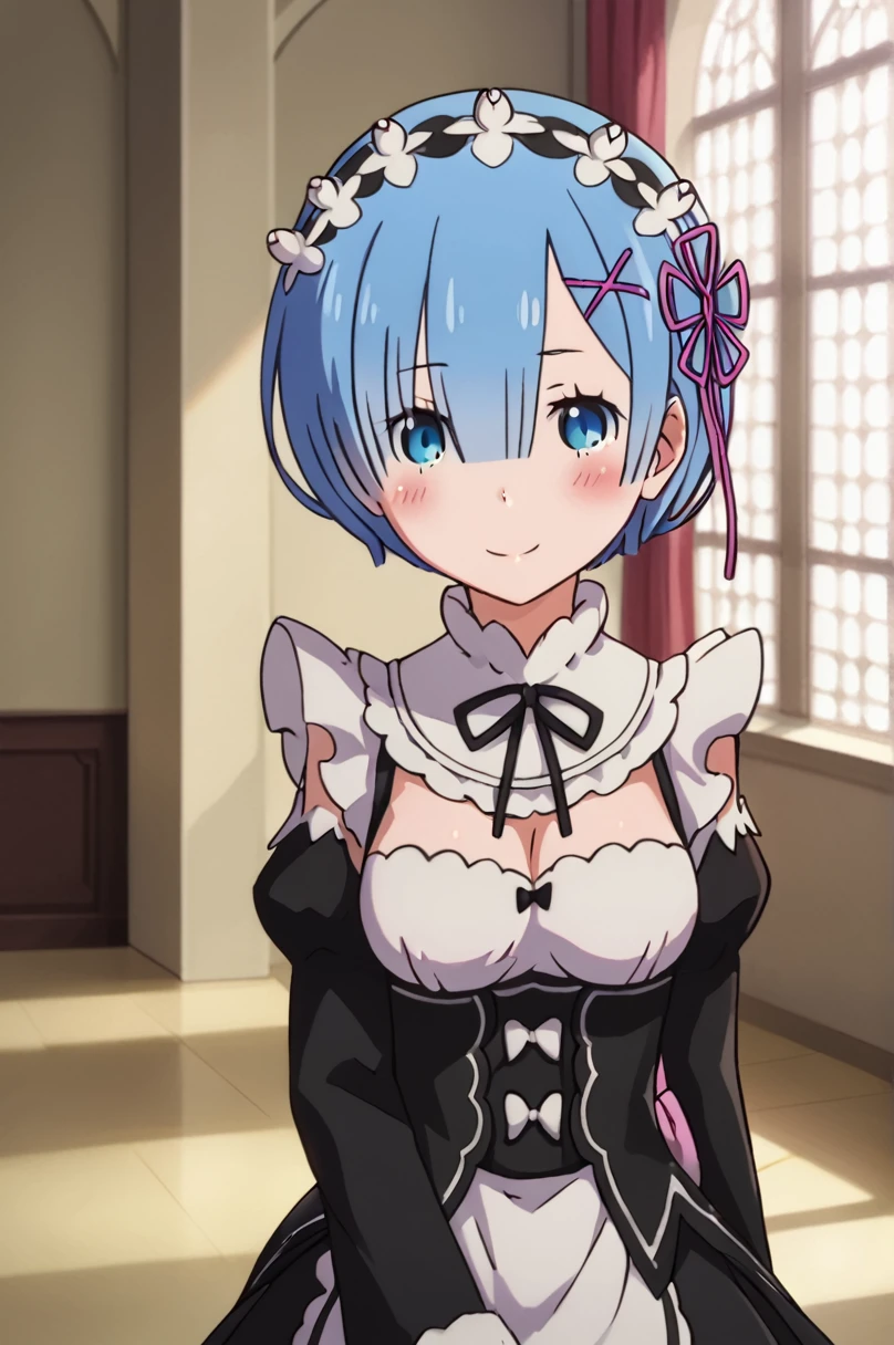 1girl,solo,rem (re:zero),blue hair,x hair ornament,short hair,hair ornament,blue eyes,maid,looking at viewer,ribbon,maid headdress,long sleeves,dress,roswaal mansion maid uniform,smile,hair ribbon,breasts,puffy sleeves,frills,apron,bangs,closed mouth,black ribbon,pink ribbon,blush,medium breasts,black dress,juliet sleeves,cowboy shot,flower,hair between eyes,red ribbon,waist apron,traditional media,