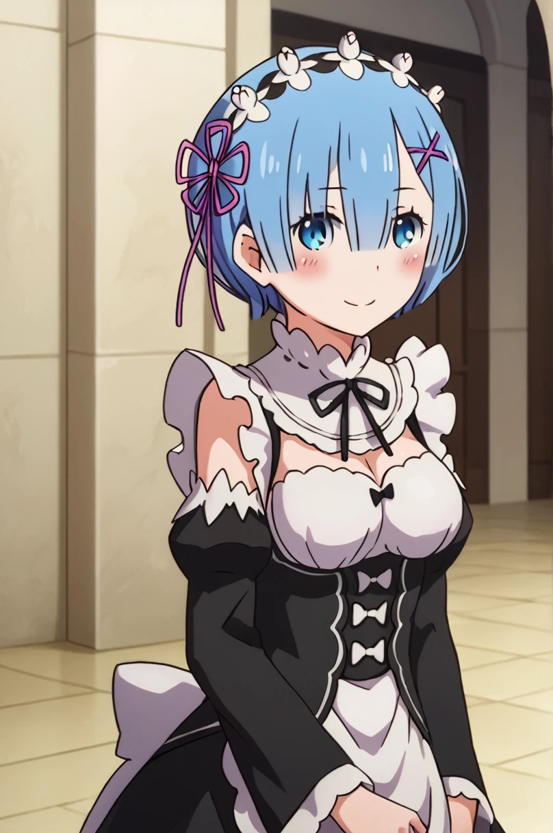 1girl,solo,rem (re:zero),blue hair,x hair ornament,short hair,hair ornament,blue eyes,maid,looking at viewer,ribbon,maid headdress,long sleeves,dress,roswaal mansion maid uniform,smile,hair ribbon,breasts,puffy sleeves,frills,apron,bangs,closed mouth,black ribbon,pink ribbon,blush,medium breasts,black dress,juliet sleeves,cowboy shot,flower,hair between eyes,red ribbon,waist apron,traditional media,